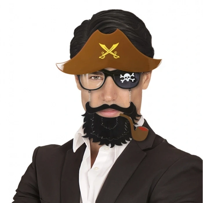 Mey İthalat® Kahve Renk Şapkalı Siyah Sakallı Pipolu Jack Sparrow Denizci Korsan Gözlüğü 24x25 cm