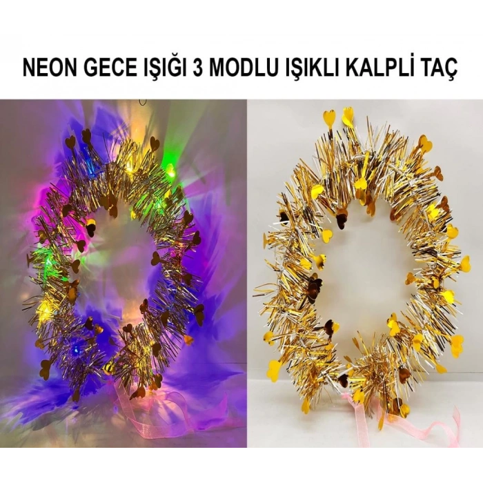 Mey İthalat® Kalp Püsküllü Gece Parıltısı 3 Modlu LED li Işıklı Taç Altın Renk