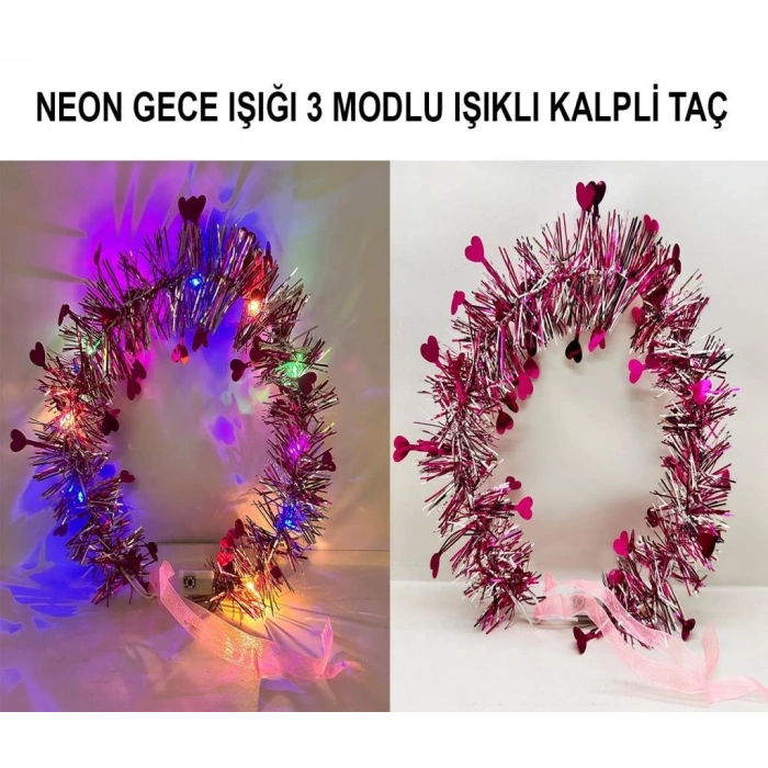Mey İthalat® Kalp Püsküllü Gece Parıltısı 3 Modlu LED li Işıklı Taç Fuşya Renk