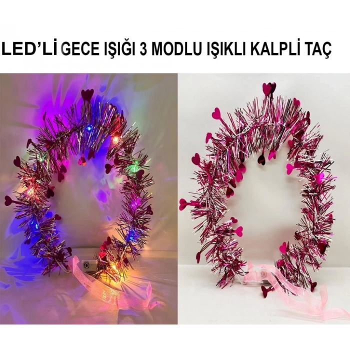 Mey İthalat® Kalp Püsküllü Gece Parıltısı 3 Modlu LED li Işıklı Taç Fuşya Renk