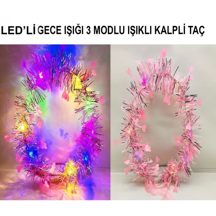 Mey İthalat® Kalp Püsküllü Gece Parıltısı 3 Modlu LED li Işıklı Taç Pembe Renk