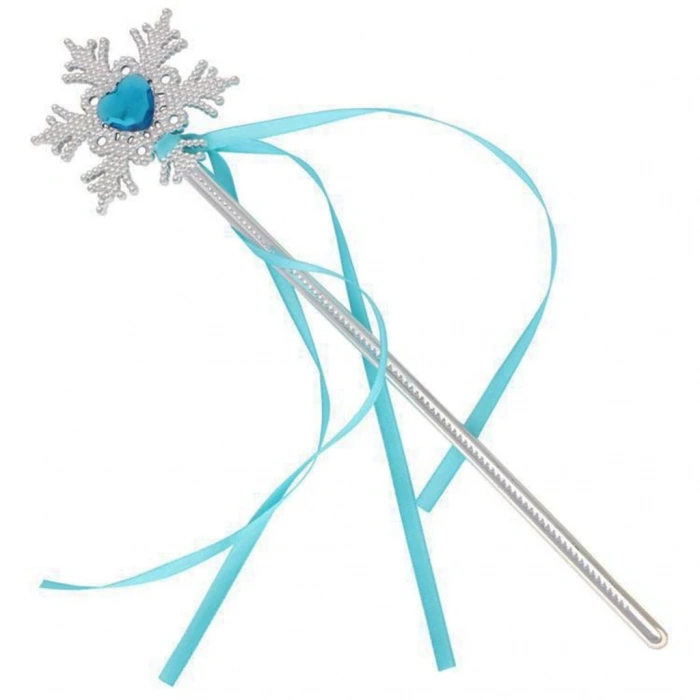 Mey İthalat® Kar Taneli Mavi Kalp Taşlı Saten Kurdeleli Karlar Ülkesi Elsa Asası Sopası 34cm