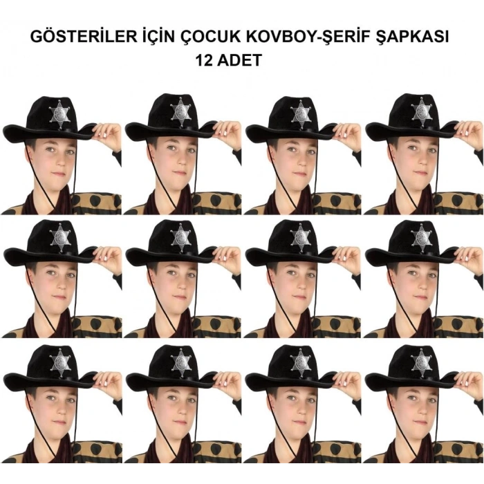 Mey İthalat® Kovboy Şerif Şapkası Siyah 12 Adet - Kostüm, Parti ve Gösteri Şapkası