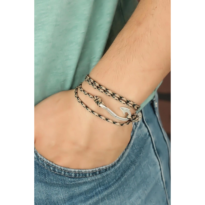Mey İthalat® Krem Renk Çizgi Desenli Metal Kancalı Erkek Bileklik