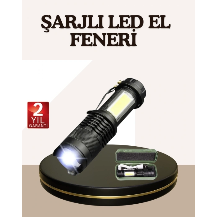 Mey İthalat® Küçük Boy Şarjlı LED El Feneri Taşınabilir Klipsli