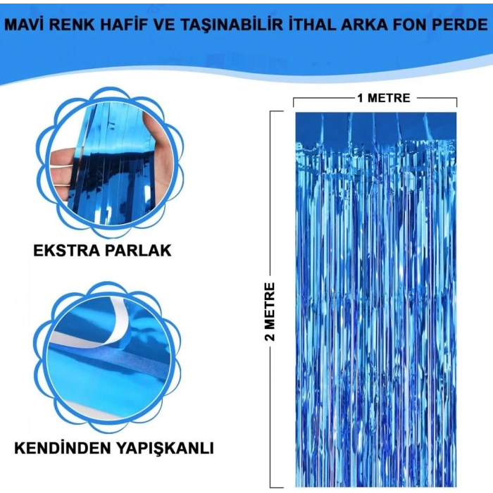 Mey İthalat® Mavi Renk Ekstra Metalize Parlak Saçaklı Arka Fon Perde İthal  1x2 Metre