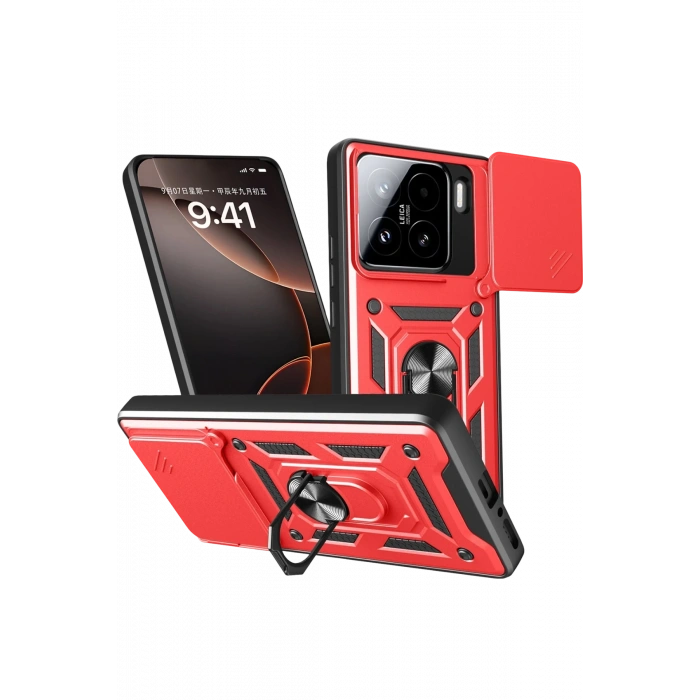 Mey İthalat®   Mi 15 Kılıf Pars Lens Yüzüklü Silikon - Kırmızı