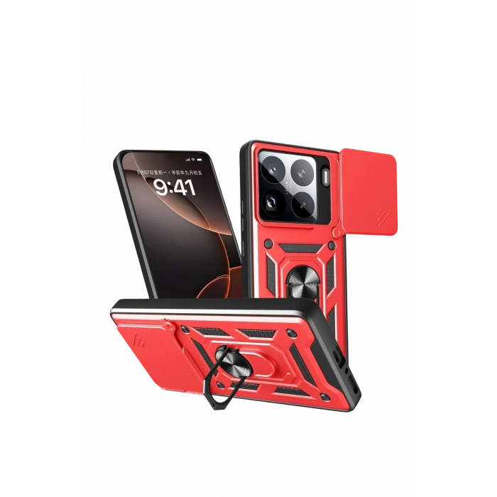 Mey İthalat®   Mi 15 Pro Kılıf Pars Lens Yüzüklü Silikon - Kırmızı
