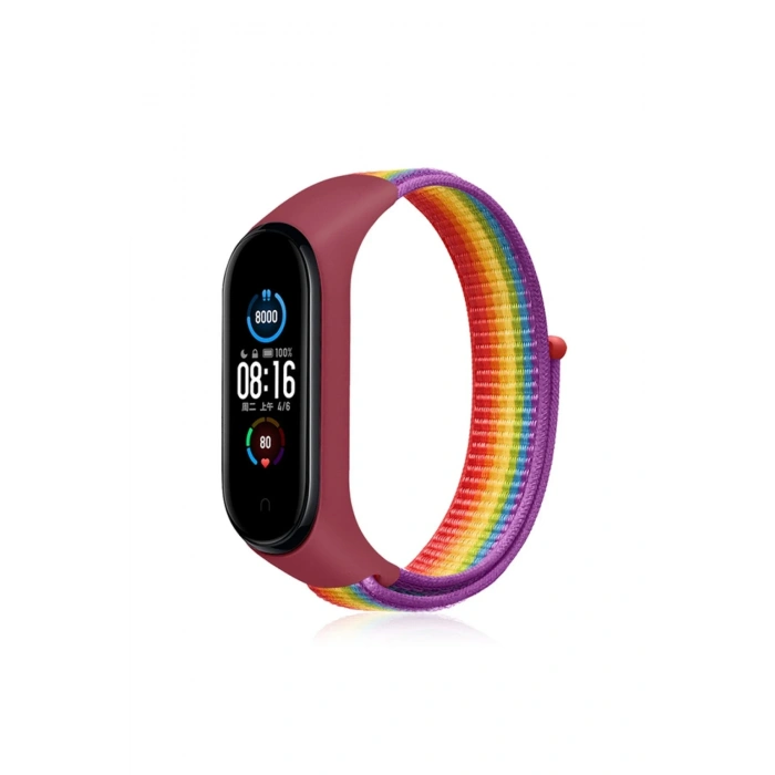 Mey İthalat®   Mi Band 4 Hasırlı Cırtcırtlı Kordon - Gökkuşağı