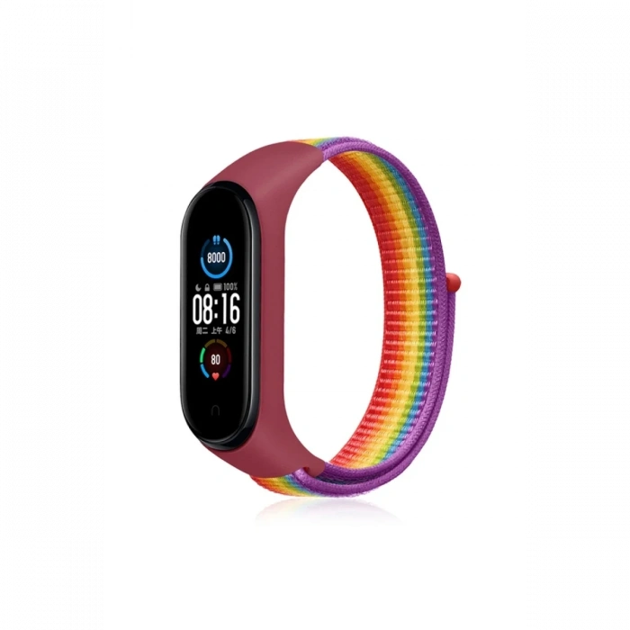 Mey İthalat®   Mi Band 4 Hasırlı Cırtcırtlı Kordon - Gökkuşağı