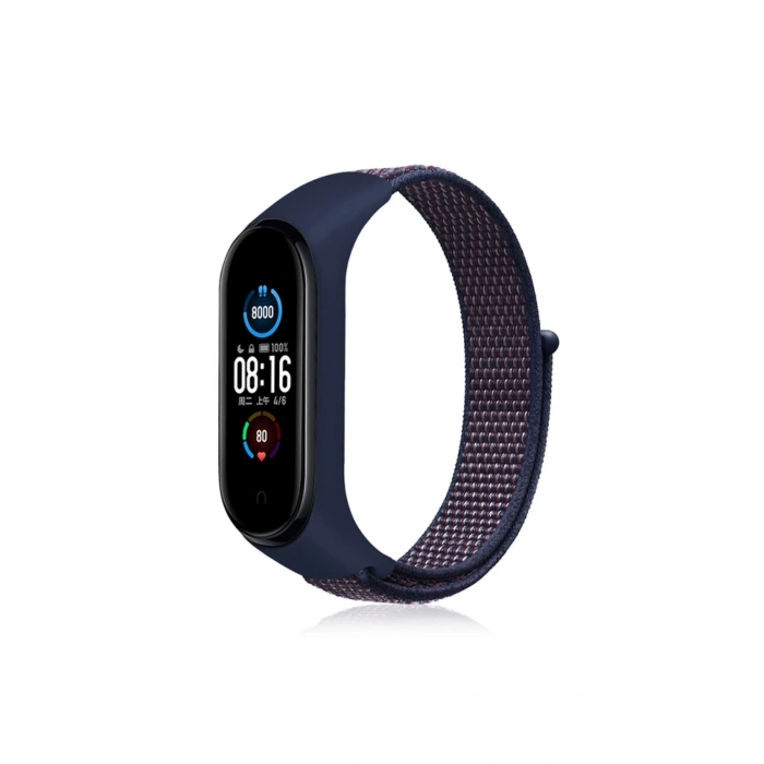 Mey İthalat®   Mi Band 4 Hasırlı Cırtcırtlı Kordon - Lacivert-Mor
