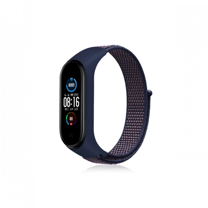 Mey İthalat®   Mi Band 4 Hasırlı Cırtcırtlı Kordon - Lacivert-Mor