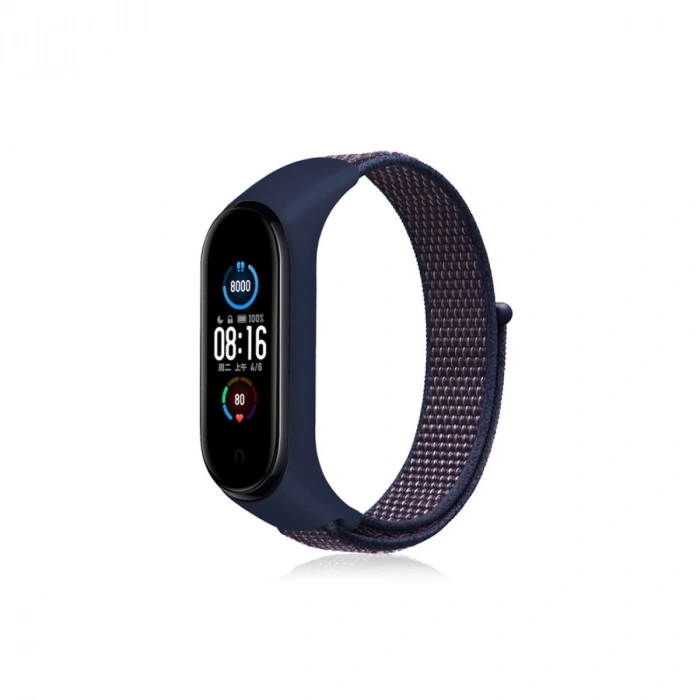 Mey İthalat®   Mi Band 4 Hasırlı Cırtcırtlı Kordon - Lacivert-Mor