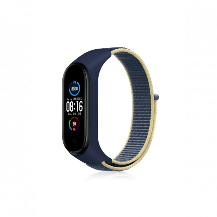 Mey İthalat®   Mi Band 4 Hasırlı Cırtcırtlı Kordon - Sarı-Lacivert