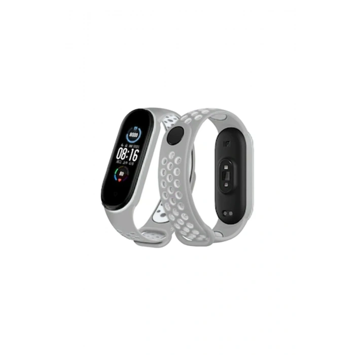 Mey İthalat®   Mi Band 4 Spor Delikli Kordon - Gri-Beyaz
