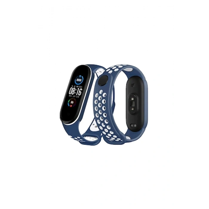Mey İthalat®   Mi Band 4 Spor Delikli Kordon - Lacivert-Beyaz