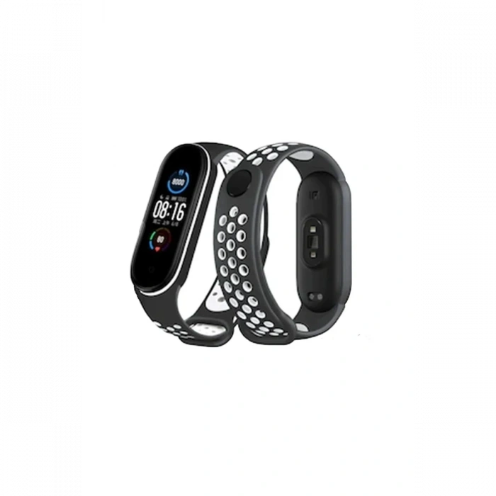 Mey İthalat®   Mi Band 4 Spor Delikli Kordon - Siyah-Beyaz