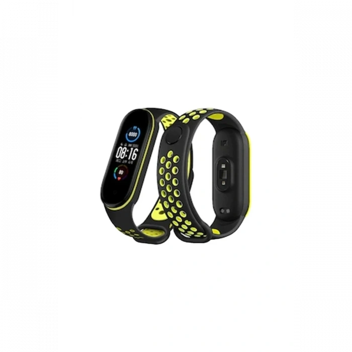 Mey İthalat®   Mi Band 4 Spor Delikli Kordon - Siyah-Yeşil