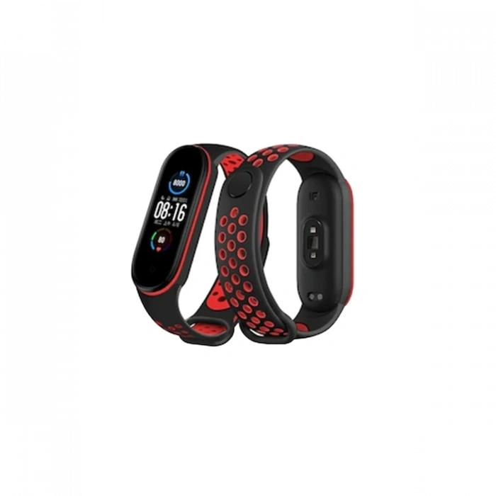 Mey İthalat®   Mi Band 6 Spor Delikli Kordon - Siyah-Kırmızı