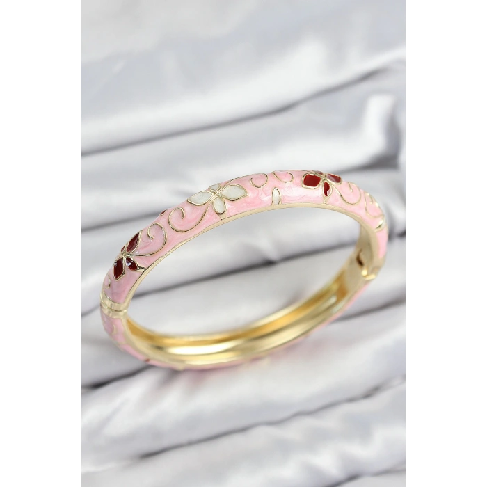 Mey İthalat® Mineli Pirinç Pembe Çiçek Motifli Gold Kadın Kelepçe