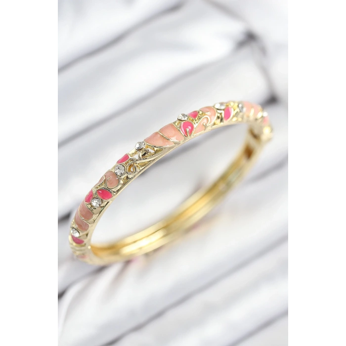 Mey İthalat® Mineli Pirinç Zirkon Taşlı Pembe Çiçek Motifli Gold Kadın Kelepçe
