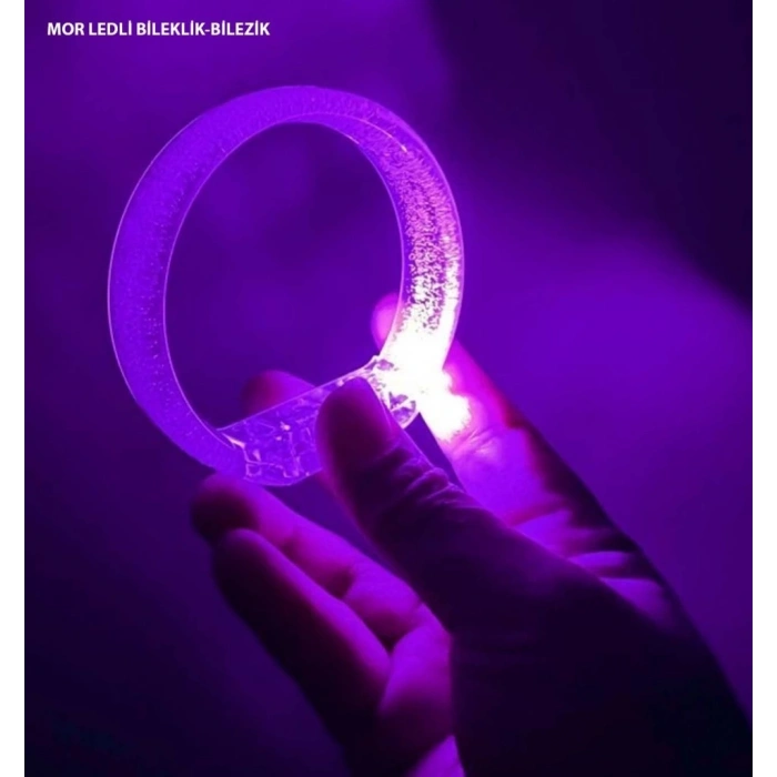 Mey İthalat® Mor Led Işıklı Baskı Yapılabilen Pilli Bileklik Bilezik 1,5 cm Genişlik