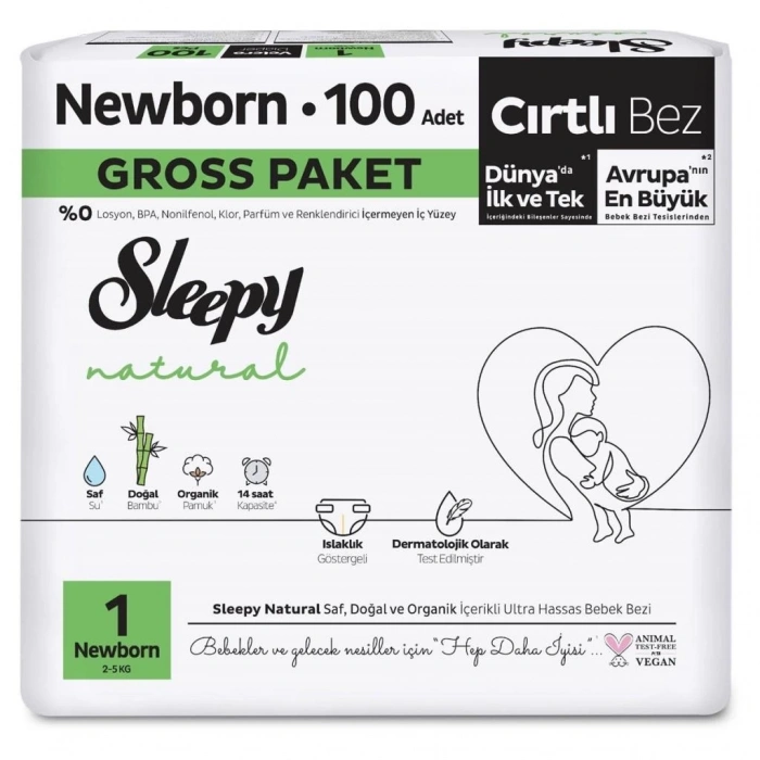 Mey İthalat®   Natural Bebek Bezi Gross Paket 1 Beden 2-5 Kg 100 Adet