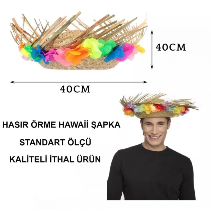 Mey İthalat® Naturel Renk Püsküllü Örme Hasır Hawaii Luau Aloha Şapka 13x36 cm