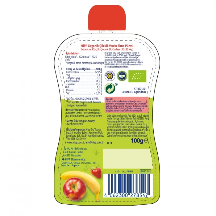Mey İthalat®   Organik Çilekli Muzlu Elmalı Meyve Püresi 100 Gr