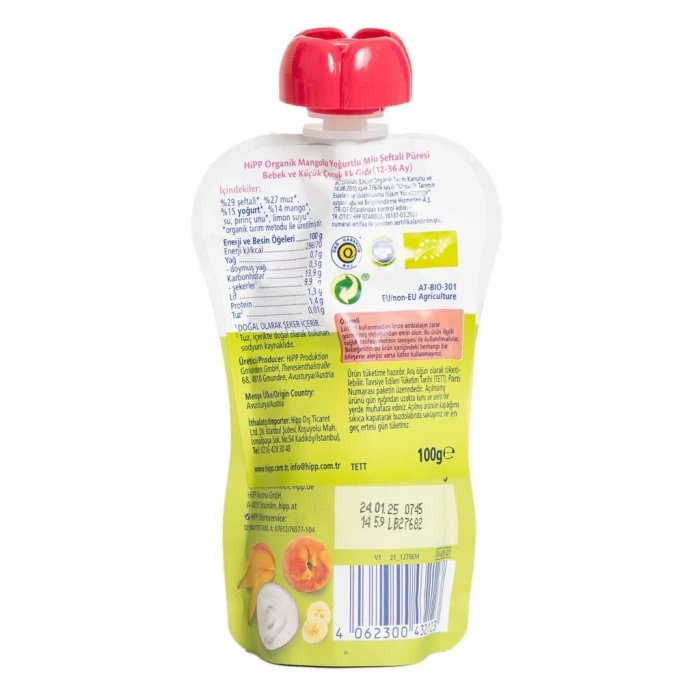 Mey İthalat®   Organik Mangolu Yoğurtlu Muzlu Şeftali Püresi 100 Gr