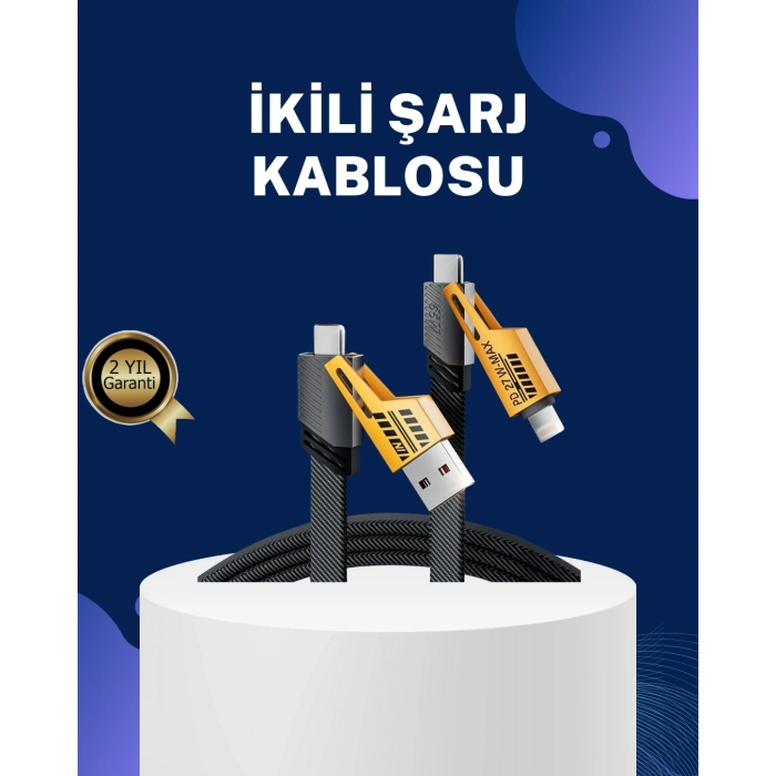 Mey İthalat® Örgülü Tasarım 4’ü 1 Arada USB-C Lightning Hızlı Şarj Kablosu