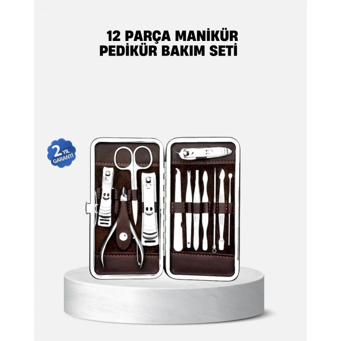 Mey İthalat® Özel Deri Çantalı 12 Parça Manikür Pedikür Bakım Seti Paslanmaz Çelik