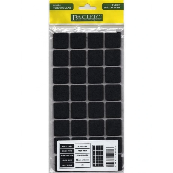 Mey İthalat® Pacific 6025 BL Yapışkanlı Keçe 25 mm X 25 mm Siyah