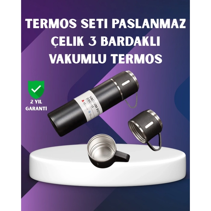 Mey İthalat® Paslanmaz Termos ve İkili Bardak Seti | 6-12 Saat Sıcak/Soğuk Tutma