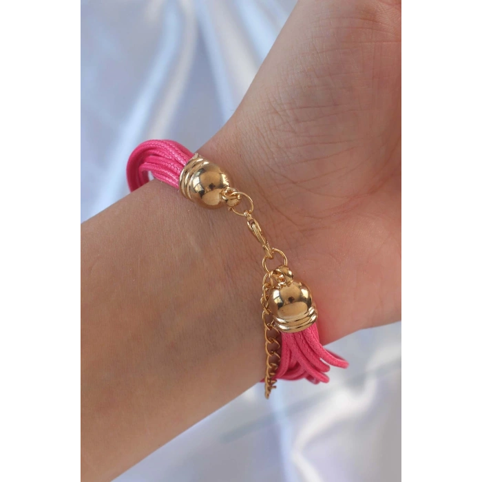Mey İthalat® Pembe Renk Zirkon Taşlı Metal Aksesuarlı İpli Çoklu Bileklik