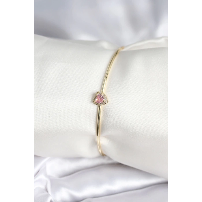 Mey İthalat® Pembe Zirkon Taşlı Kalp Model Gold Renk Kadın Bileklik