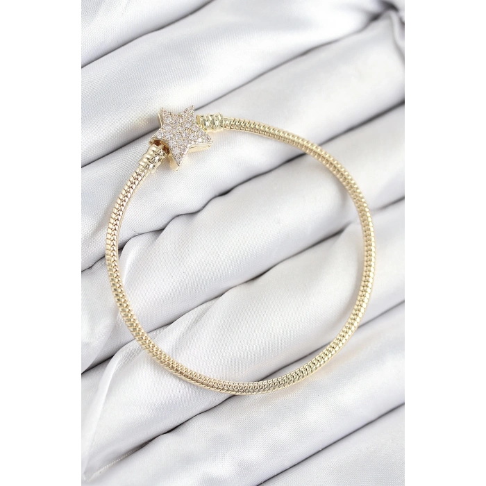 Mey İthalat® Pirinç Charm Zirkon Taşlı Yıldız Model Gold Renk Kadın Bileklik