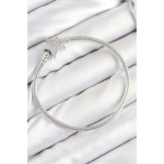 Mey İthalat® Pirinç Charm Zirkon Taşlı Yıldız Model Gümüş Renk Kadın Bileklik