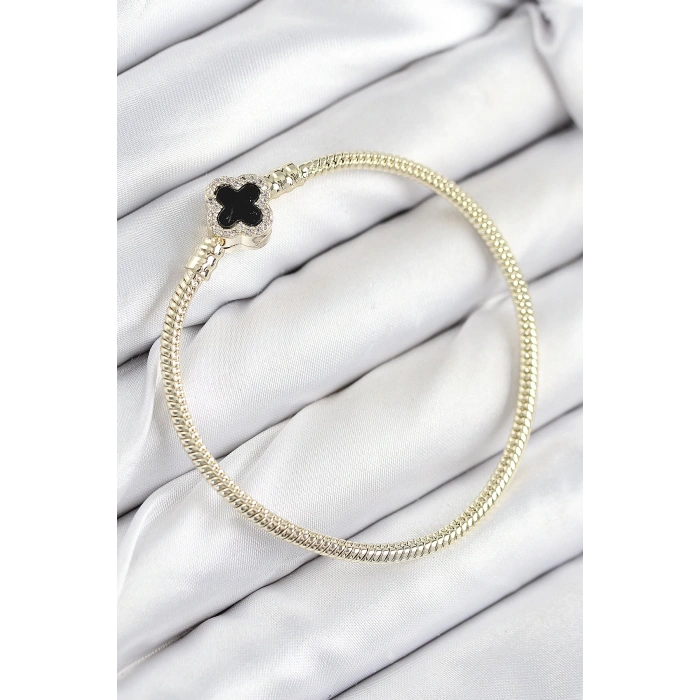 Mey İthalat® Pirinç Charm Zirkon Taşlı Yonca Model Gold Renk Kadın Bileklik