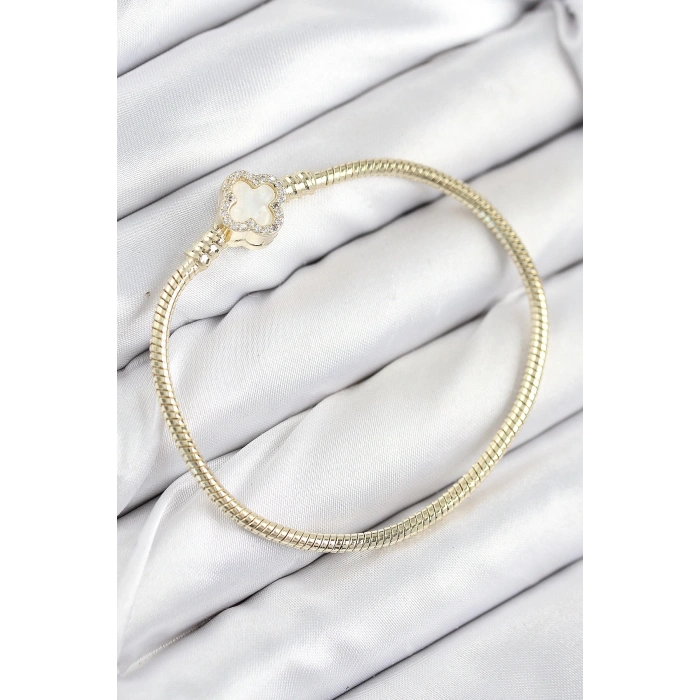 Mey İthalat® Pirinç Charm Zirkon Taşlı Yonca Model Gold Renk Kadın Bileklik