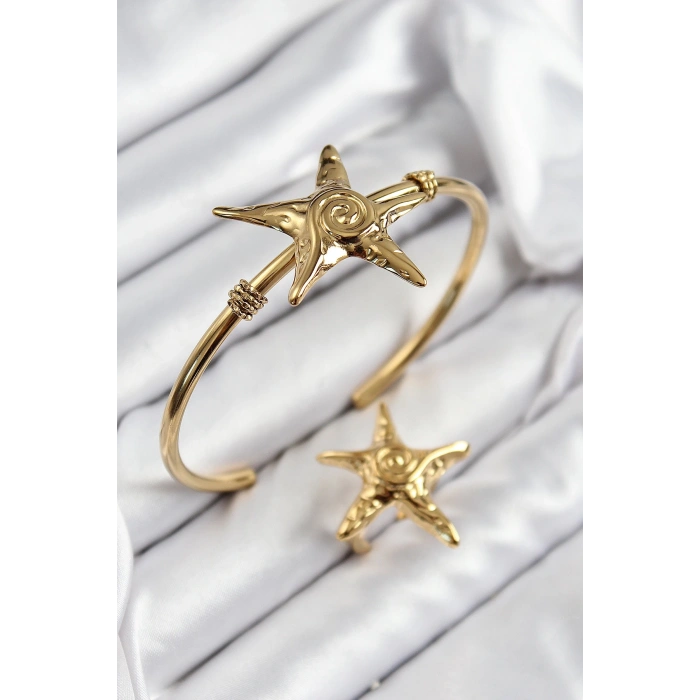 Mey İthalat® Pirinç Deniz Yıldızı Model Gold Renk Bileklik Yüzük Set