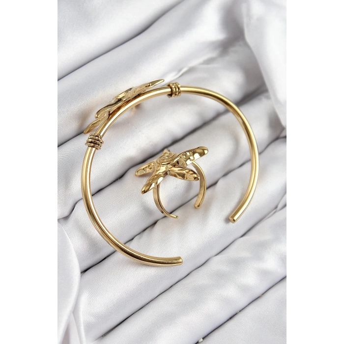 Mey İthalat® Pirinç Deniz Yıldızı Model Gold Renk Bileklik Yüzük Set
