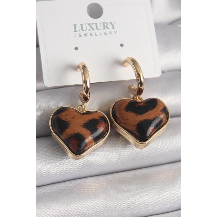 Mey İthalat® Pirinç Gold Renk 3D Kalp Leopar Desen Model Kadın Küpe