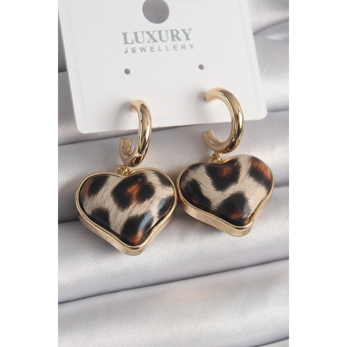 Mey İthalat® Pirinç Gold Renk 3D Kalp Leopar Model Kadın Küpe
