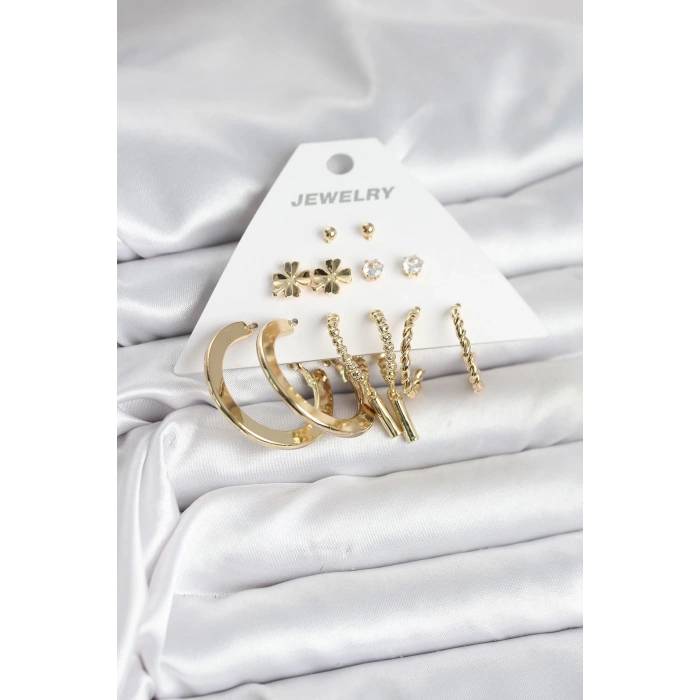 Mey İthalat® Pirinç Gold Renk 6 Çift Kadın Küpe Seti