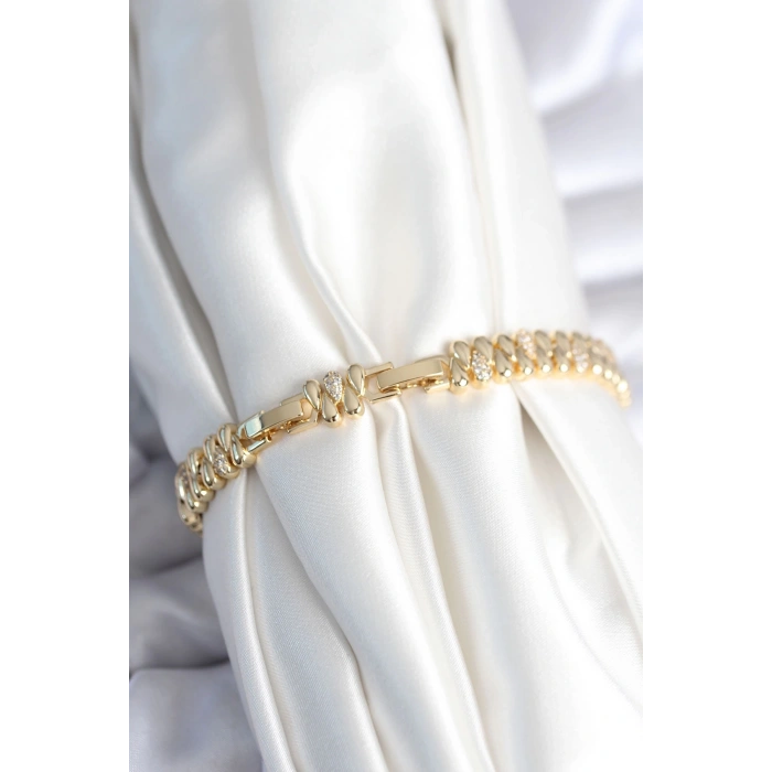 Mey İthalat® Pirinç Gold Renk Damla Model Zirkon Taşlı Kadın Bileklik