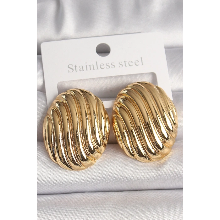 Mey İthalat® Pirinç Gold Renk İşlemeli Oval Model Kadın Küpe