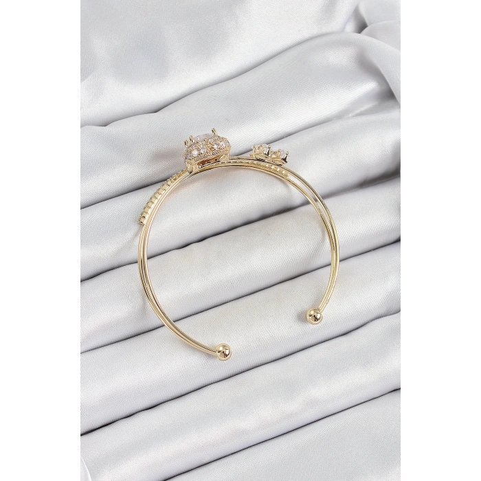 Mey İthalat® Pirinç Gold Renk Kalpli Zirkon Taşlı Kadın Bileklik