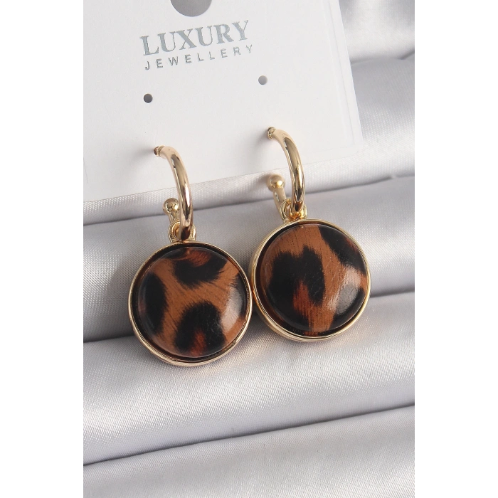 Mey İthalat® Pirinç Gold Renk Leopar Desenli Daire Model Kadın Küpe