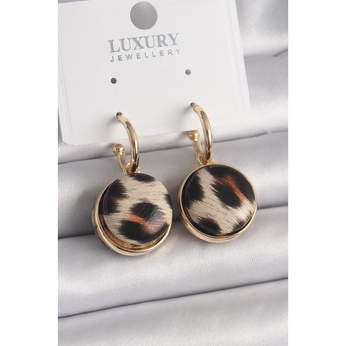 Mey İthalat® Pirinç Gold Renk Leopar Desenli Daire Model Kadın Küpe